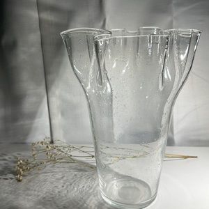 Vintage Clear Controlled Bubble Ruffled 10” Blown Glass Vase